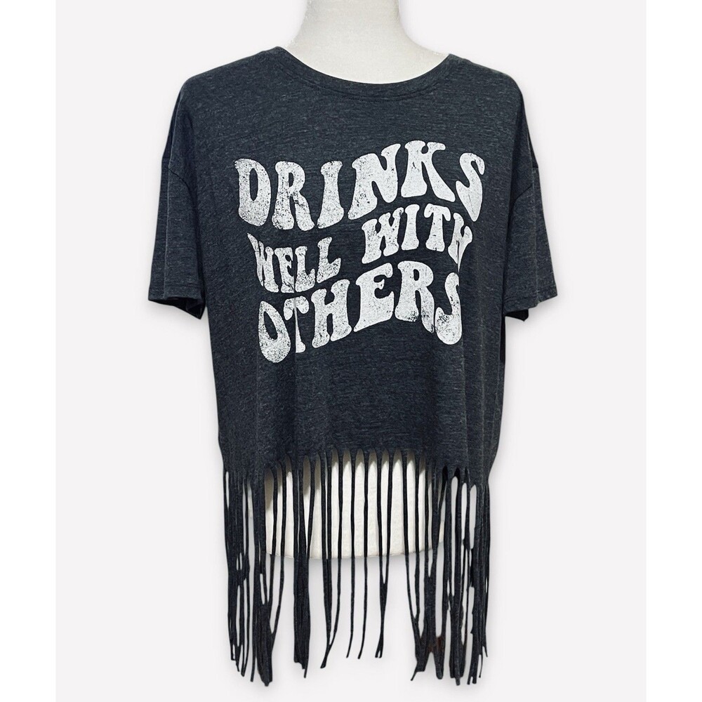 ‘Drinks Well With Others’ Country Western Festival Top Grey Tee Fringe Size L